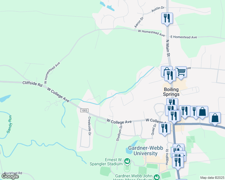 map of restaurants, bars, coffee shops, grocery stores, and more near 108 North College Manor Drive in Shelby