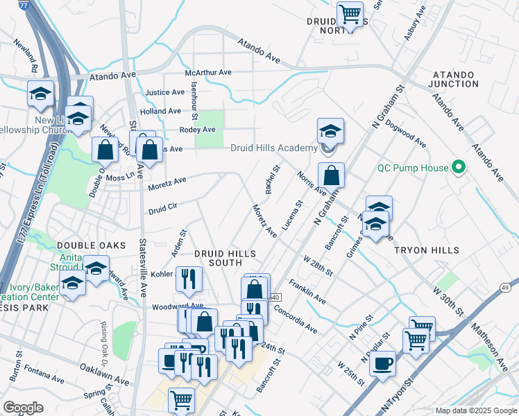 map of restaurants, bars, coffee shops, grocery stores, and more near 1014 Moretz Avenue in Charlotte