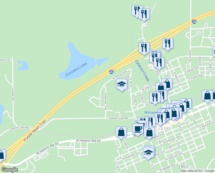 map of restaurants, bars, coffee shops, grocery stores, and more near 338 Pinecrest Trail in Williams