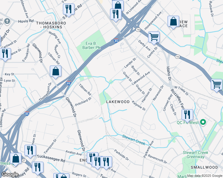 map of restaurants, bars, coffee shops, grocery stores, and more near 3425 Mable Hubbard Drive in Charlotte