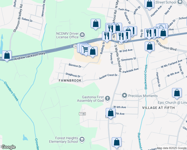 map of restaurants, bars, coffee shops, grocery stores, and more near 437 Red Tip Lane in Gastonia