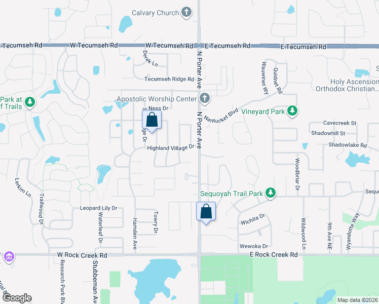 map of restaurants, bars, coffee shops, grocery stores, and more near 190 Highland Village Drive in Norman
