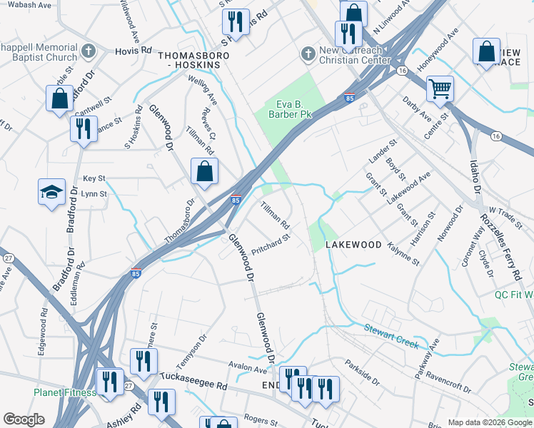 map of restaurants, bars, coffee shops, grocery stores, and more near 3939 Tillman Road in Charlotte