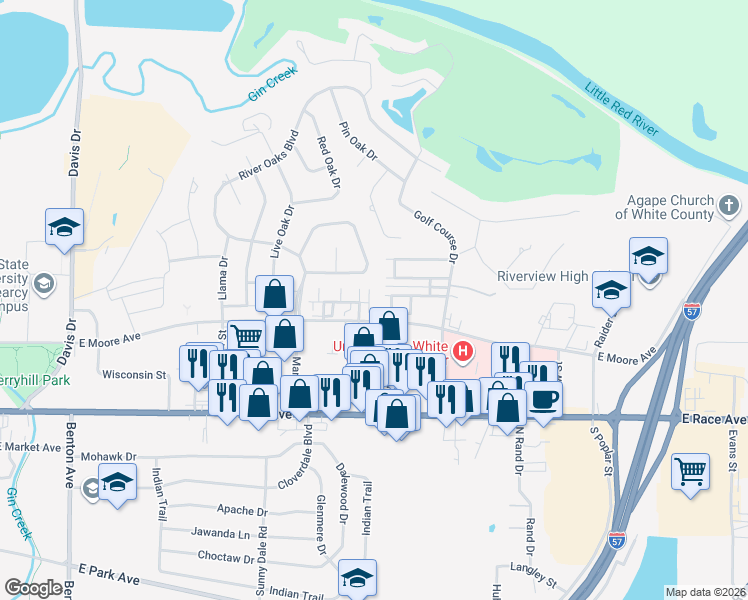 map of restaurants, bars, coffee shops, grocery stores, and more near 48 River Oaks Trace in Searcy