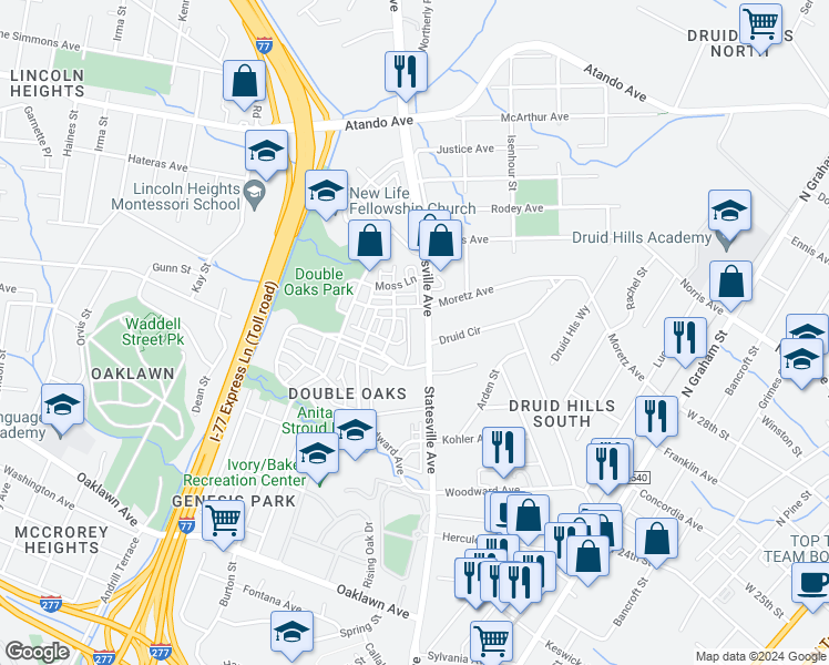 map of restaurants, bars, coffee shops, grocery stores, and more near 2435 Statesville Avenue in Charlotte