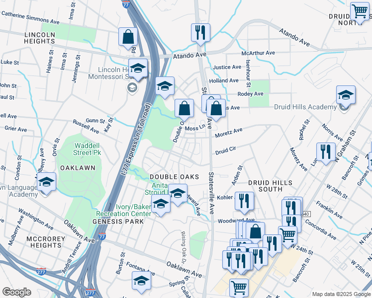 map of restaurants, bars, coffee shops, grocery stores, and more near 3318 Bending Birch Place in Charlotte