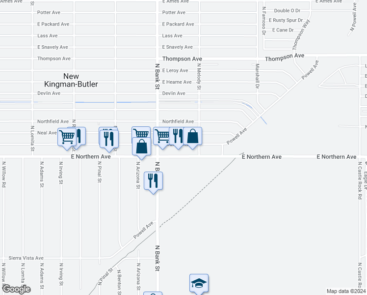 map of restaurants, bars, coffee shops, grocery stores, and more near 3078 East Butler Avenue in Kingman