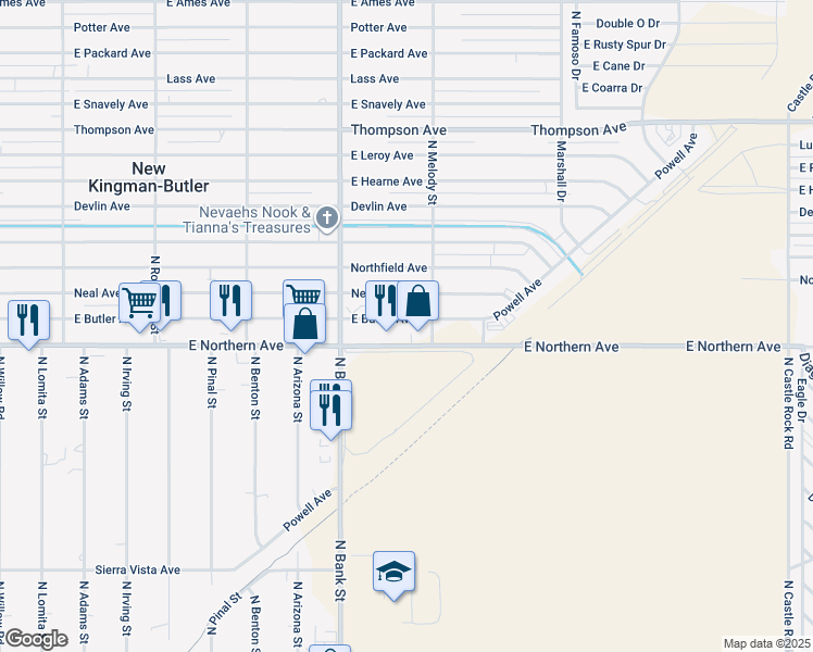 map of restaurants, bars, coffee shops, grocery stores, and more near 3090 E Butler Ave in Kingman