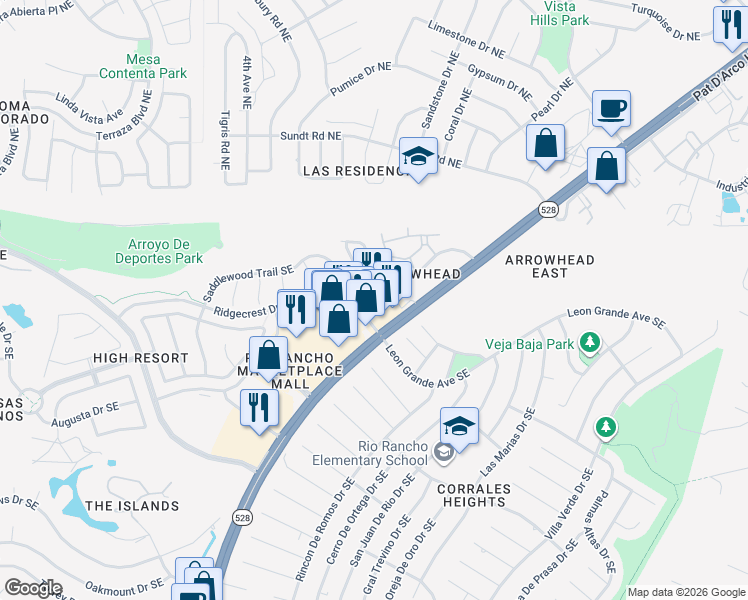 map of restaurants, bars, coffee shops, grocery stores, and more near 4500 Arrowhead Ridge Drive Southeast in Rio Rancho