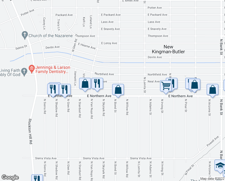 map of restaurants, bars, coffee shops, grocery stores, and more near 2170 East Butler Avenue in Kingman
