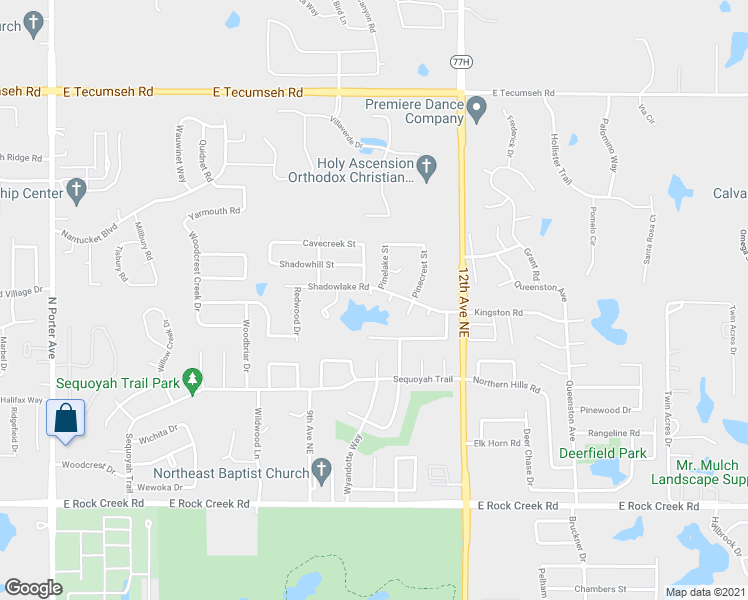 map of restaurants, bars, coffee shops, grocery stores, and more near 1016 Shadowlake Road in Norman