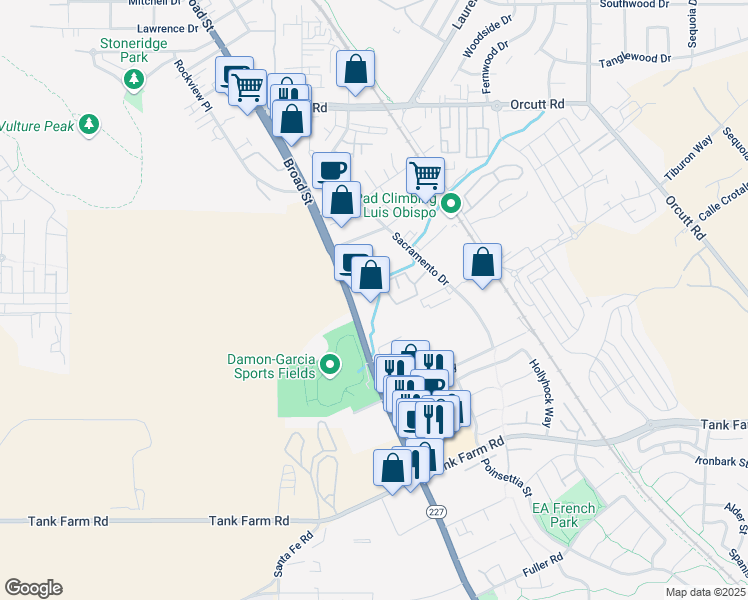 map of restaurants, bars, coffee shops, grocery stores, and more near 3594 Broad Street in San Luis Obispo