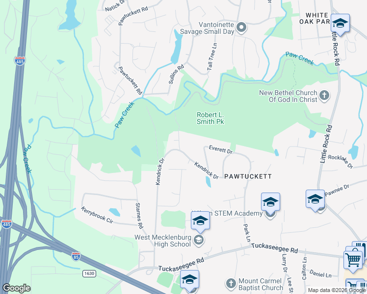 map of restaurants, bars, coffee shops, grocery stores, and more near 2624 Kendrick Drive in Charlotte