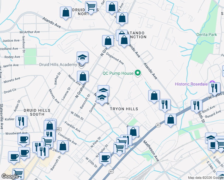 map of restaurants, bars, coffee shops, grocery stores, and more near 617 Colorado Avenue in Charlotte