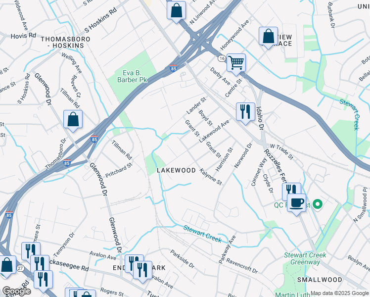 map of restaurants, bars, coffee shops, grocery stores, and more near 400 Lakewood Avenue in Charlotte