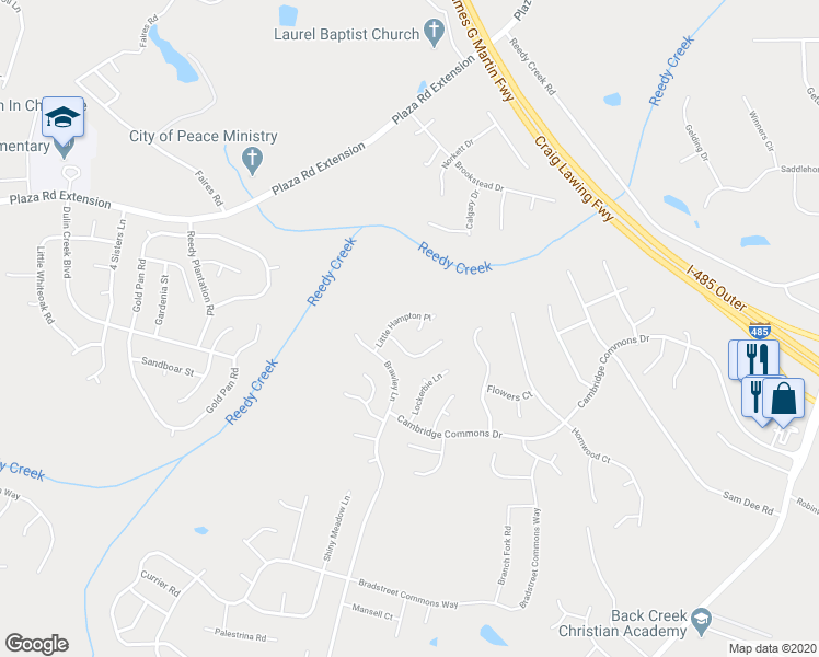 map of restaurants, bars, coffee shops, grocery stores, and more near 10409 Milstead Court in Charlotte
