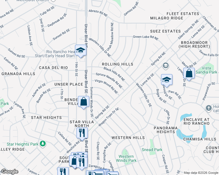 map of restaurants, bars, coffee shops, grocery stores, and more near 2110 Virgin Wood Road Northeast in Rio Rancho