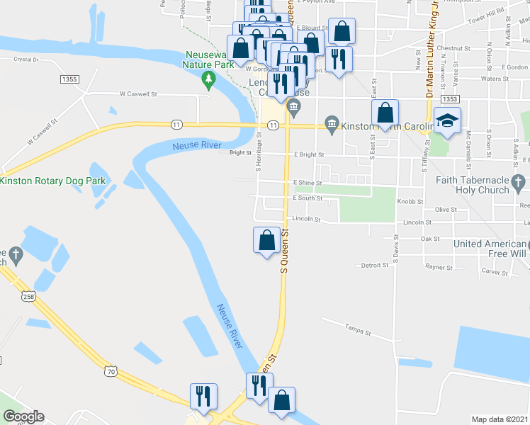 map of restaurants, bars, coffee shops, grocery stores, and more near 112 Loftin Lane in Kinston