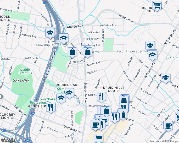 map of restaurants, bars, coffee shops, grocery stores, and more near 1108 Druid Circle in Charlotte