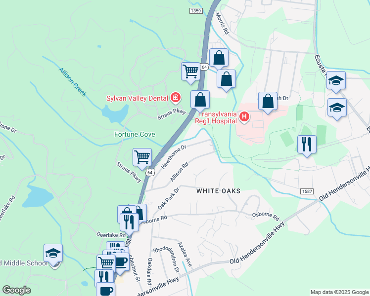 map of restaurants, bars, coffee shops, grocery stores, and more near 195 Hawthorne Dr in Brevard