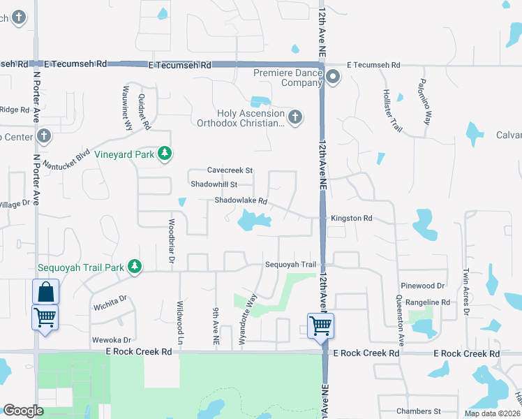 map of restaurants, bars, coffee shops, grocery stores, and more near 1004 Shadowlake Road in Norman