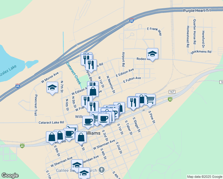 map of restaurants, bars, coffee shops, grocery stores, and more near 142 East Fulton Avenue in Williams