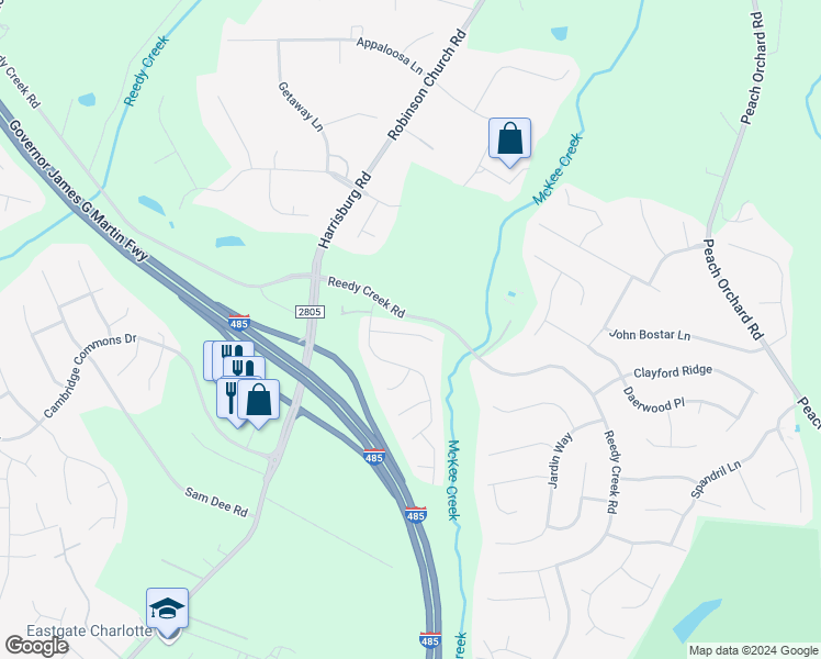map of restaurants, bars, coffee shops, grocery stores, and more near 7628 Nicolette Court in Charlotte