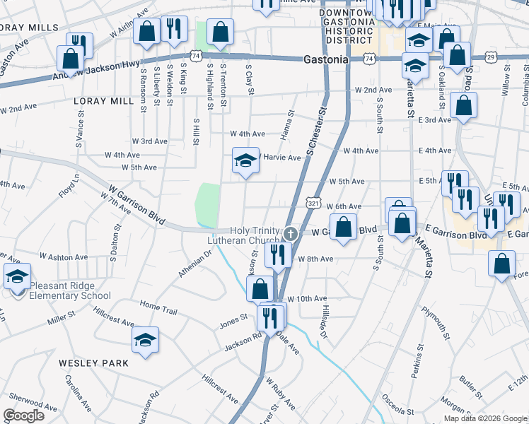 map of restaurants, bars, coffee shops, grocery stores, and more near 708 Jackson Street in Gastonia
