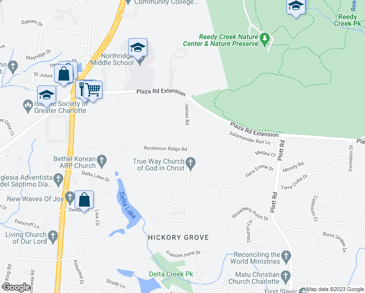 map of restaurants, bars, coffee shops, grocery stores, and more near 8625 Rockmoor Ridge Road in Charlotte