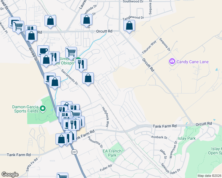 map of restaurants, bars, coffee shops, grocery stores, and more near 3932 Kilbern Way in San Luis Obispo