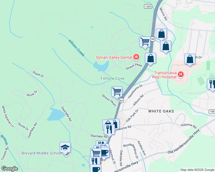 map of restaurants, bars, coffee shops, grocery stores, and more near 15 Ridgetop Circle in Brevard