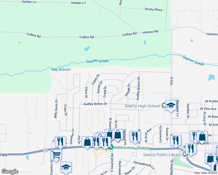 map of restaurants, bars, coffee shops, grocery stores, and more near 411 Craig Drive in Searcy