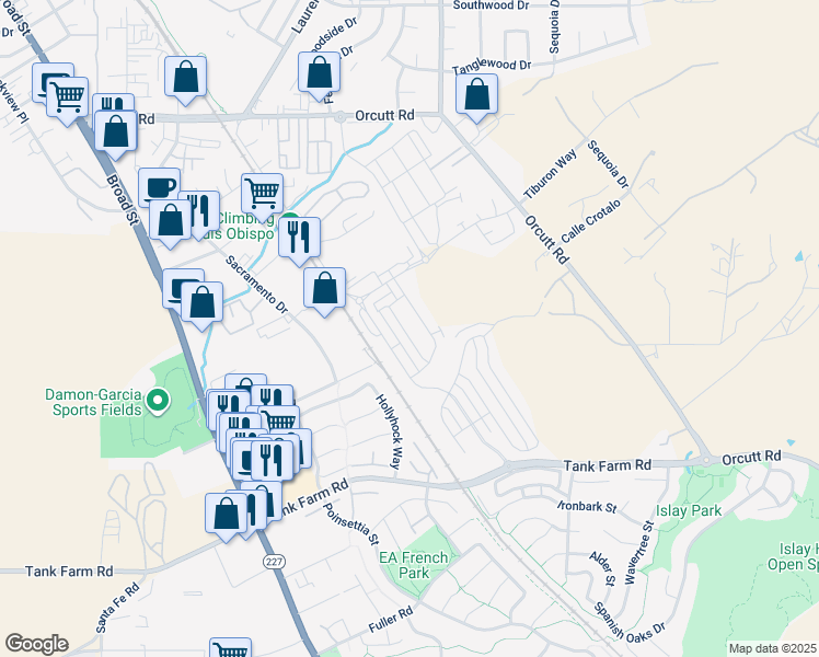 map of restaurants, bars, coffee shops, grocery stores, and more near 3932 Kilbern Way in San Luis Obispo