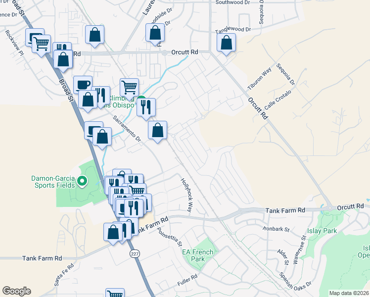 map of restaurants, bars, coffee shops, grocery stores, and more near 3944 Kilbern Way in San Luis Obispo