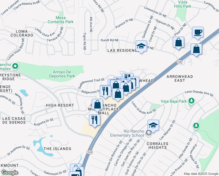 map of restaurants, bars, coffee shops, grocery stores, and more near 4213 Ridgeway Court in Rio Rancho