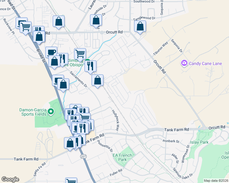 map of restaurants, bars, coffee shops, grocery stores, and more near 3944 Kilbern Way in San Luis Obispo
