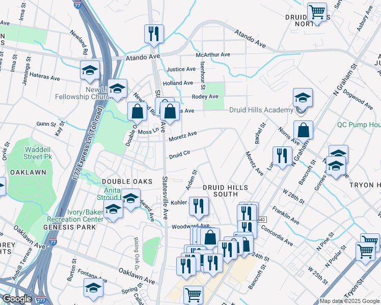 map of restaurants, bars, coffee shops, grocery stores, and more near 1017 Druid Circle in Charlotte