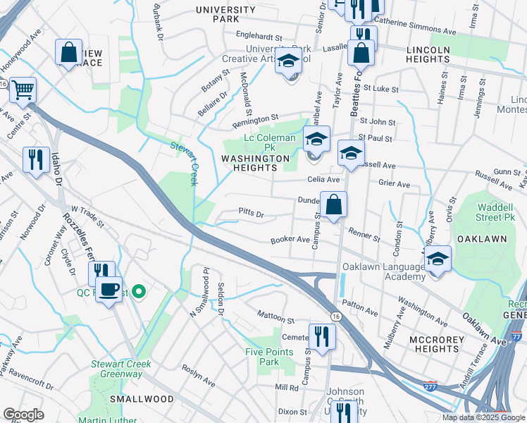 map of restaurants, bars, coffee shops, grocery stores, and more near 2434 Pitts Drive in Charlotte