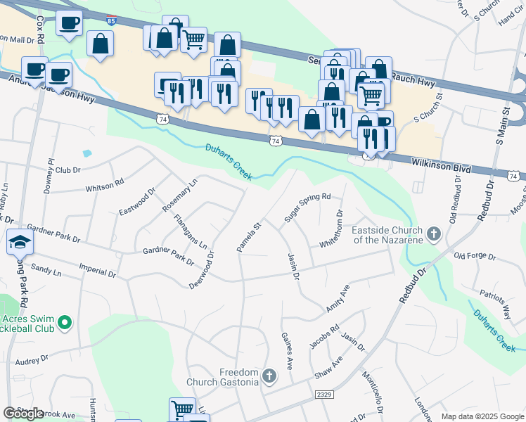 map of restaurants, bars, coffee shops, grocery stores, and more near 397 Pamela Street in Gastonia