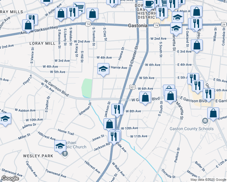 map of restaurants, bars, coffee shops, grocery stores, and more near 708 Jackson Street in Gastonia