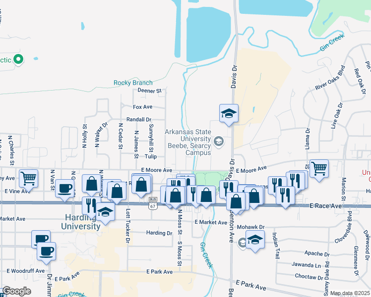 map of restaurants, bars, coffee shops, grocery stores, and more near 709 Melody Lane in Searcy