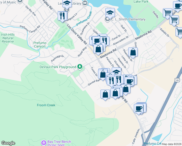 map of restaurants, bars, coffee shops, grocery stores, and more near 1760 Foreman Court in San Luis Obispo