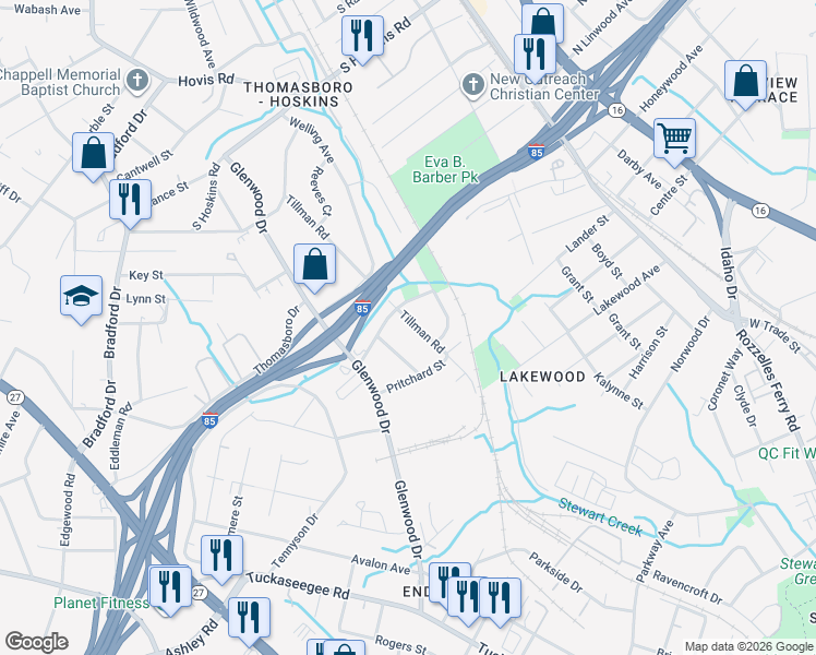 map of restaurants, bars, coffee shops, grocery stores, and more near 3939 Tillman Road in Charlotte