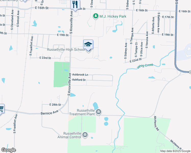 map of restaurants, bars, coffee shops, grocery stores, and more near 302 Ashbrook Lane in Russellville