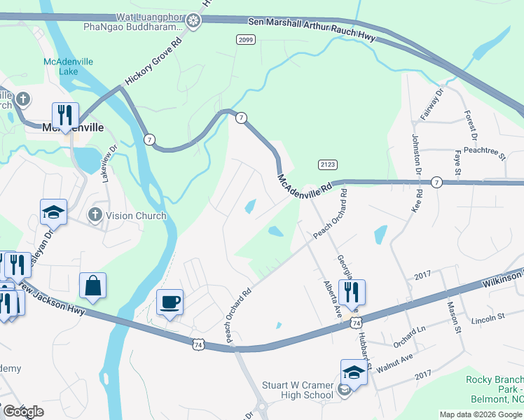 map of restaurants, bars, coffee shops, grocery stores, and more near 5124 Thomasville Drive in Belmont