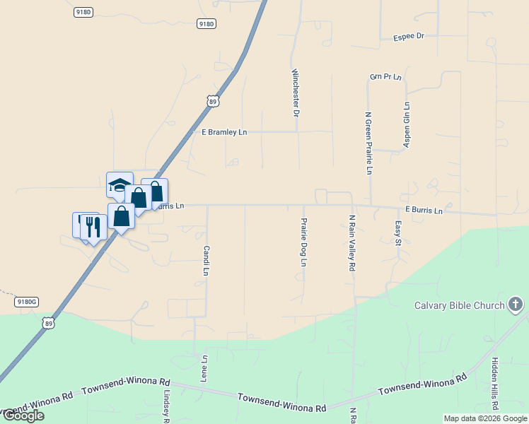 map of restaurants, bars, coffee shops, grocery stores, and more near 5710 East Burris Lane in Flagstaff
