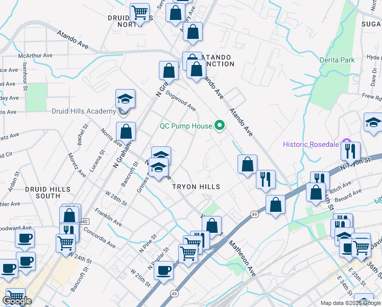 map of restaurants, bars, coffee shops, grocery stores, and more near 2806 Dogwood Ave in Charlotte