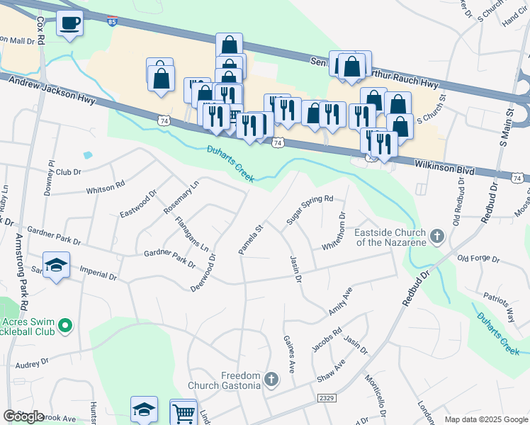 map of restaurants, bars, coffee shops, grocery stores, and more near 397 Pamela Street in Gastonia