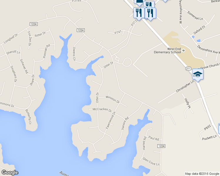 map of restaurants, bars, coffee shops, grocery stores, and more near 107 Myrick Court in Seven Lakes