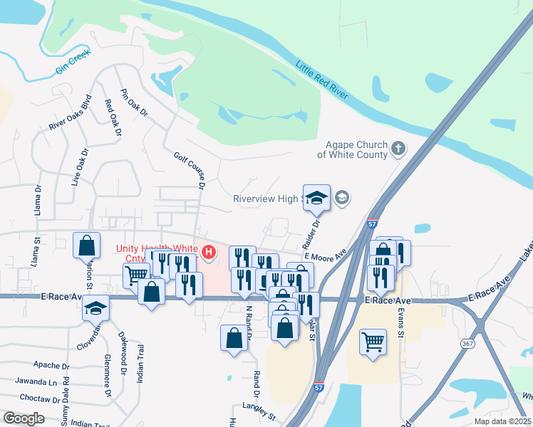 map of restaurants, bars, coffee shops, grocery stores, and more near 14 Silver Oak Drive in Searcy